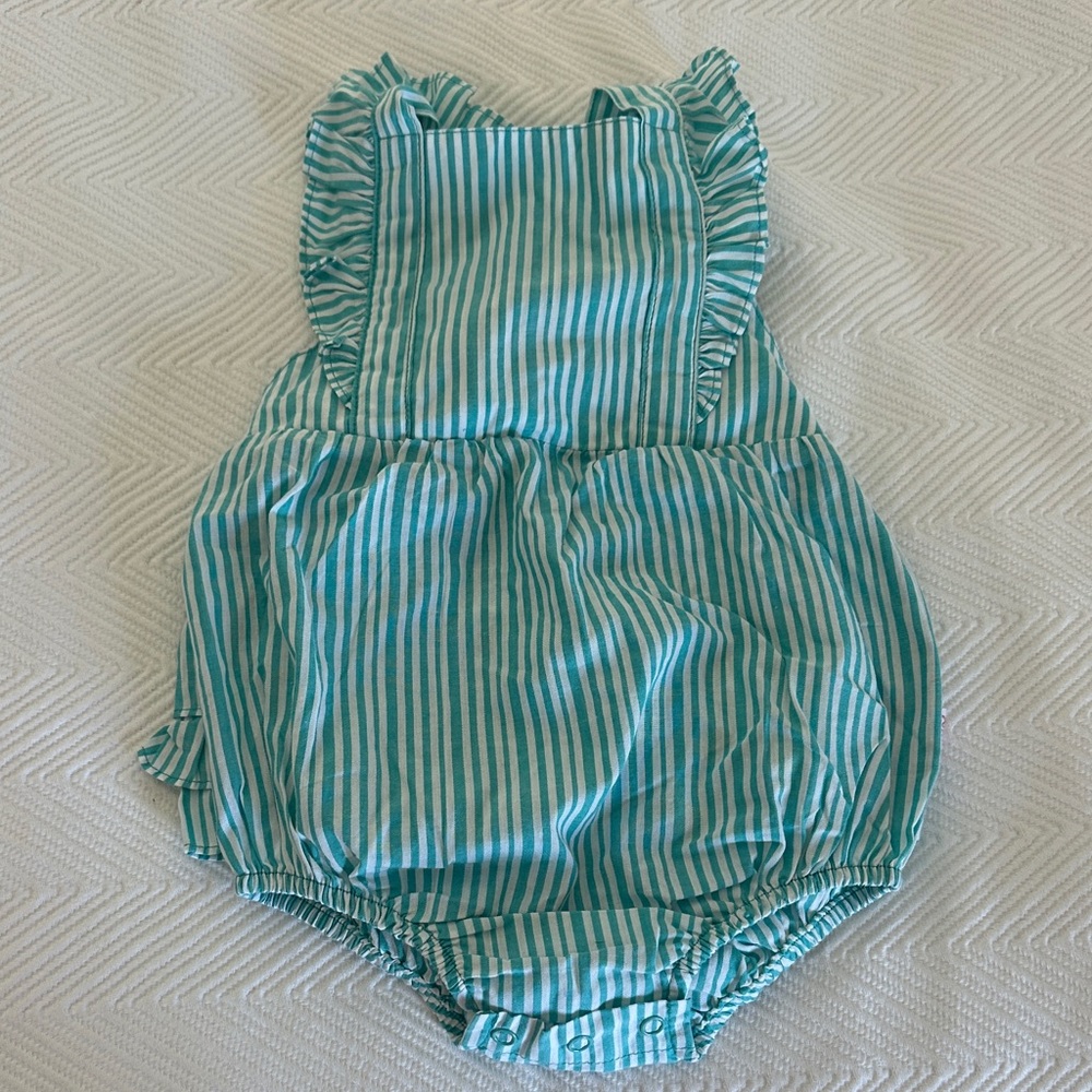 Ruffle Butts Teal & White Striped Cross-Back Ruffle Romper